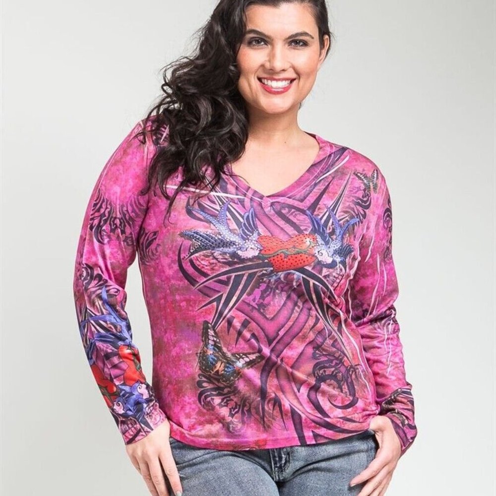 Takoni Ladies Embellished-Knit Top Long-Sleeve V-Neck Pink Size 3XL  NWT